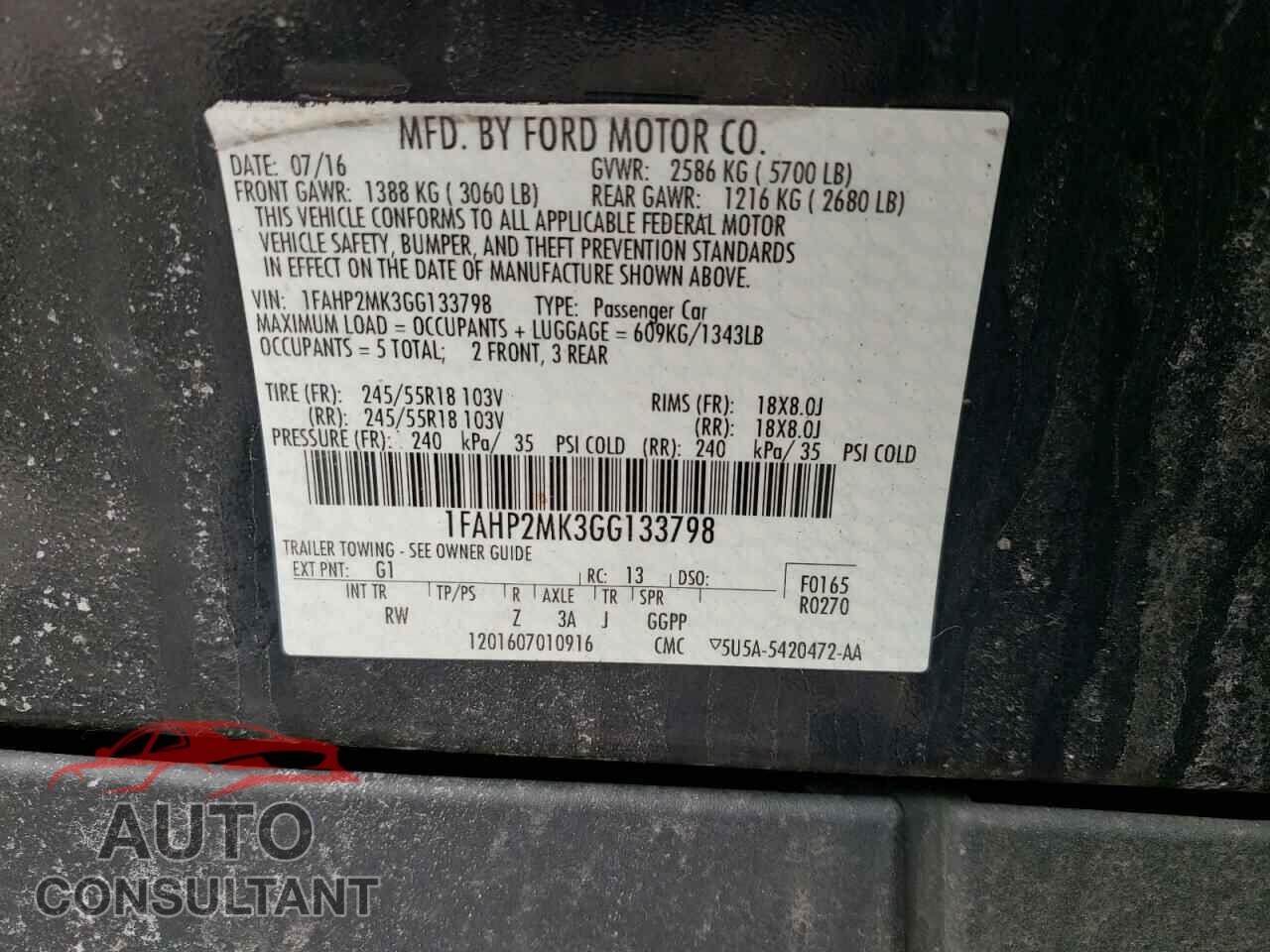 FORD TAURUS 2016 - 1FAHP2MK3GG133798