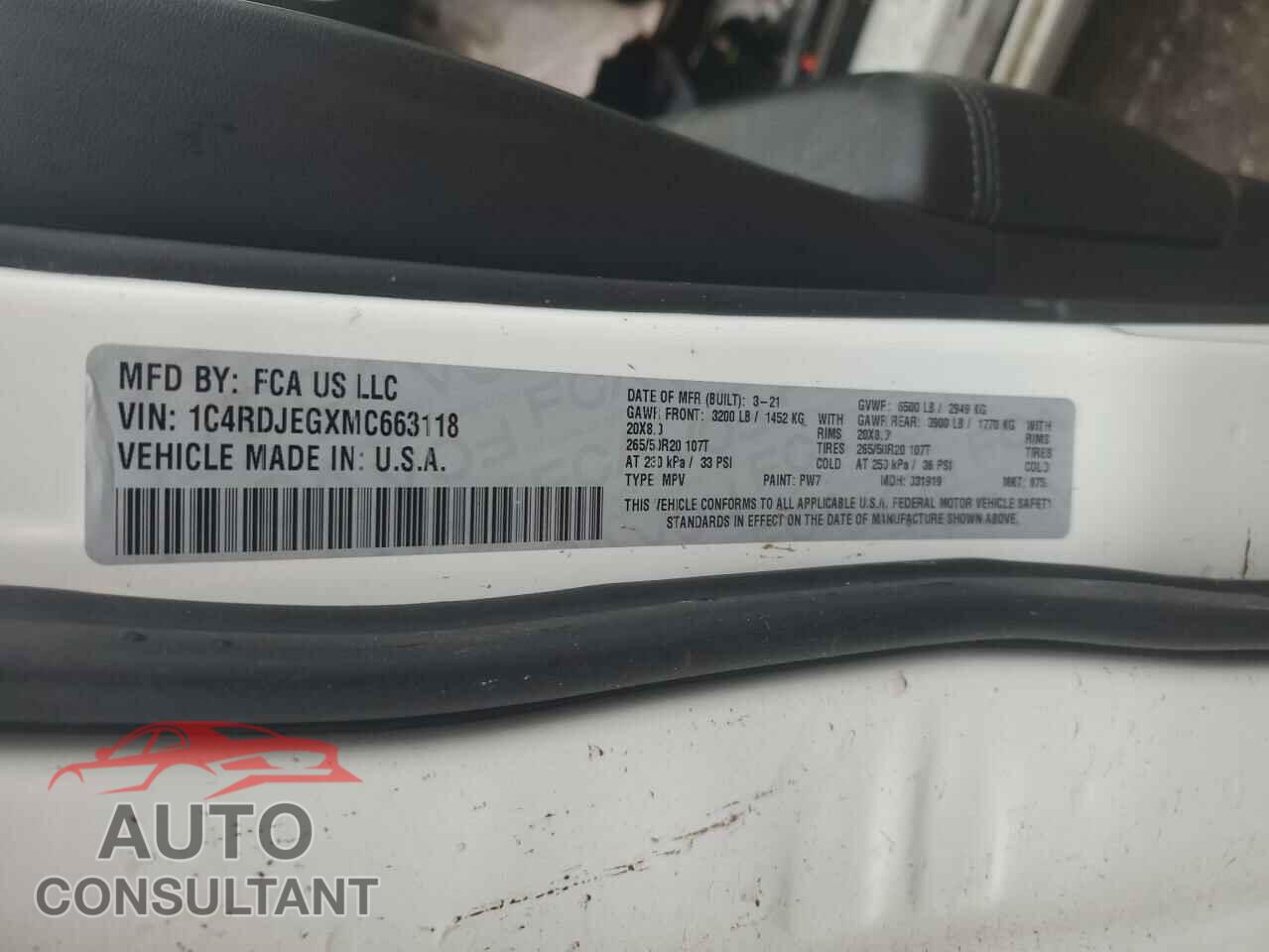 DODGE DURANGO 2021 - 1C4RDJEGXMC663118