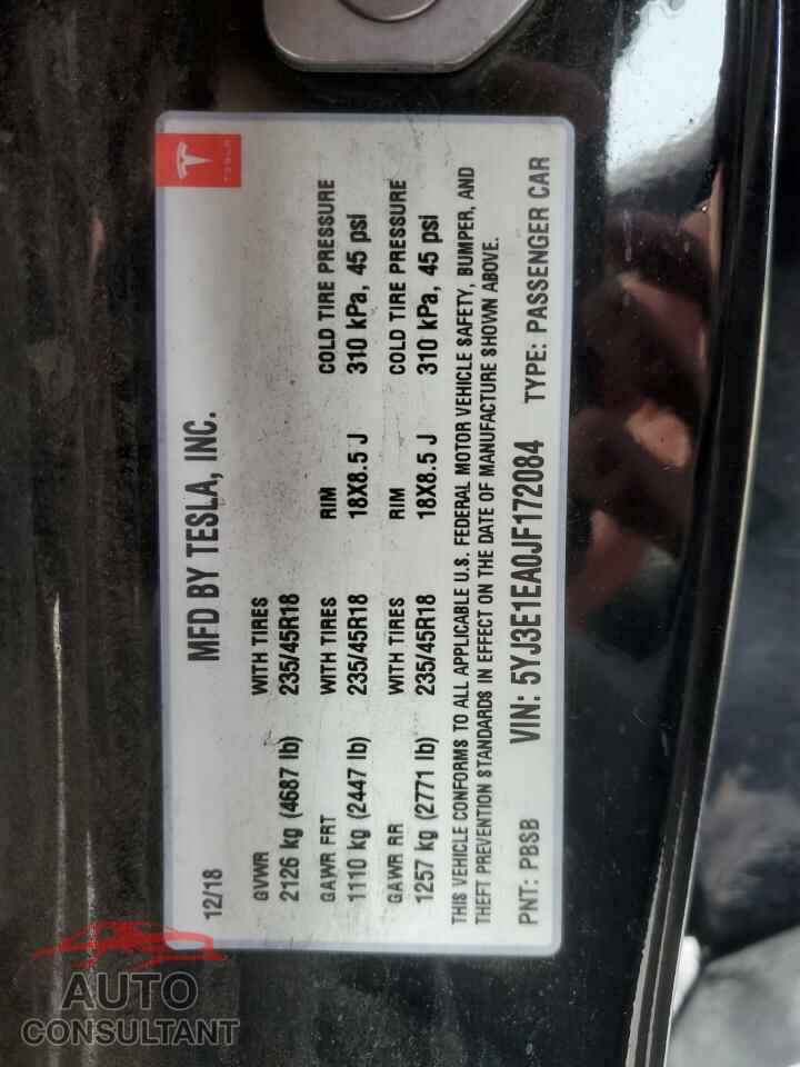 TESLA MODEL 3 2018 - 5YJ3E1EA0JF172084