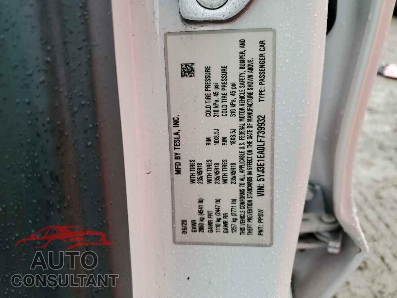 TESLA MODEL 3 2020 - 5YJ3E1EA0LF739932