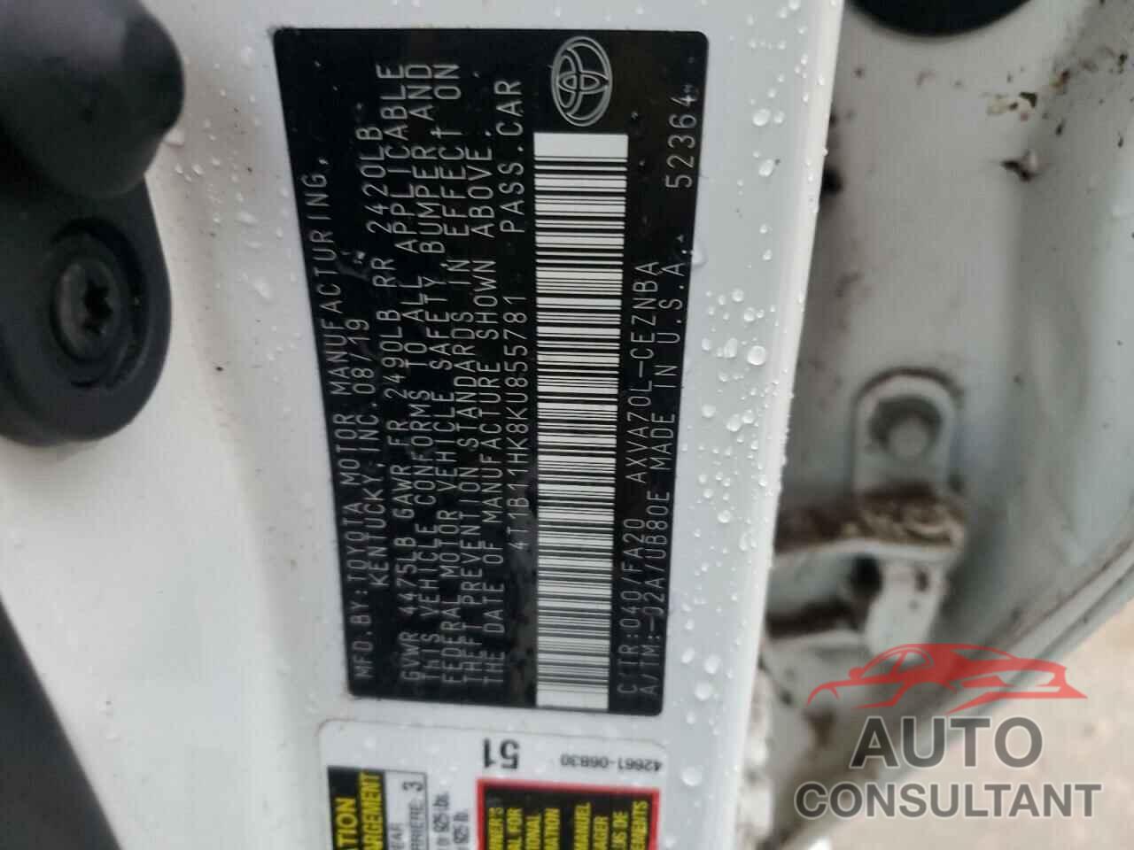 TOYOTA CAMRY 2019 - 4T1B11HK8KU855781