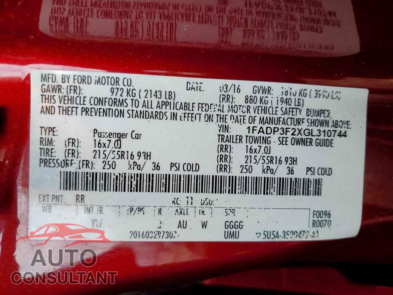 FORD FOCUS 2016 - 1FADP3F2XGL310744