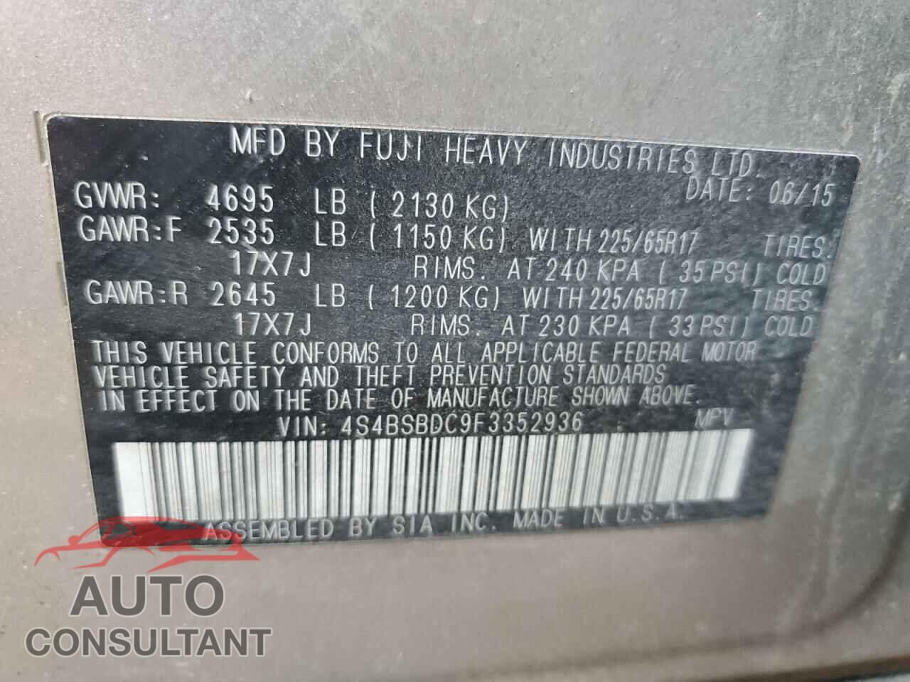 SUBARU OUTBACK 2015 - 4S4BSBDC9F3352936