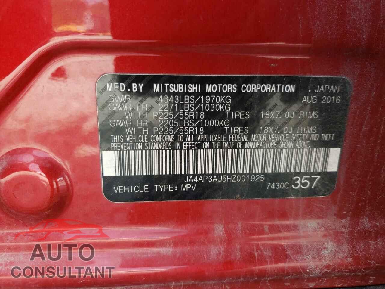 MITSUBISHI OUTLANDER 2017 - JA4AP3AU5HZ001925