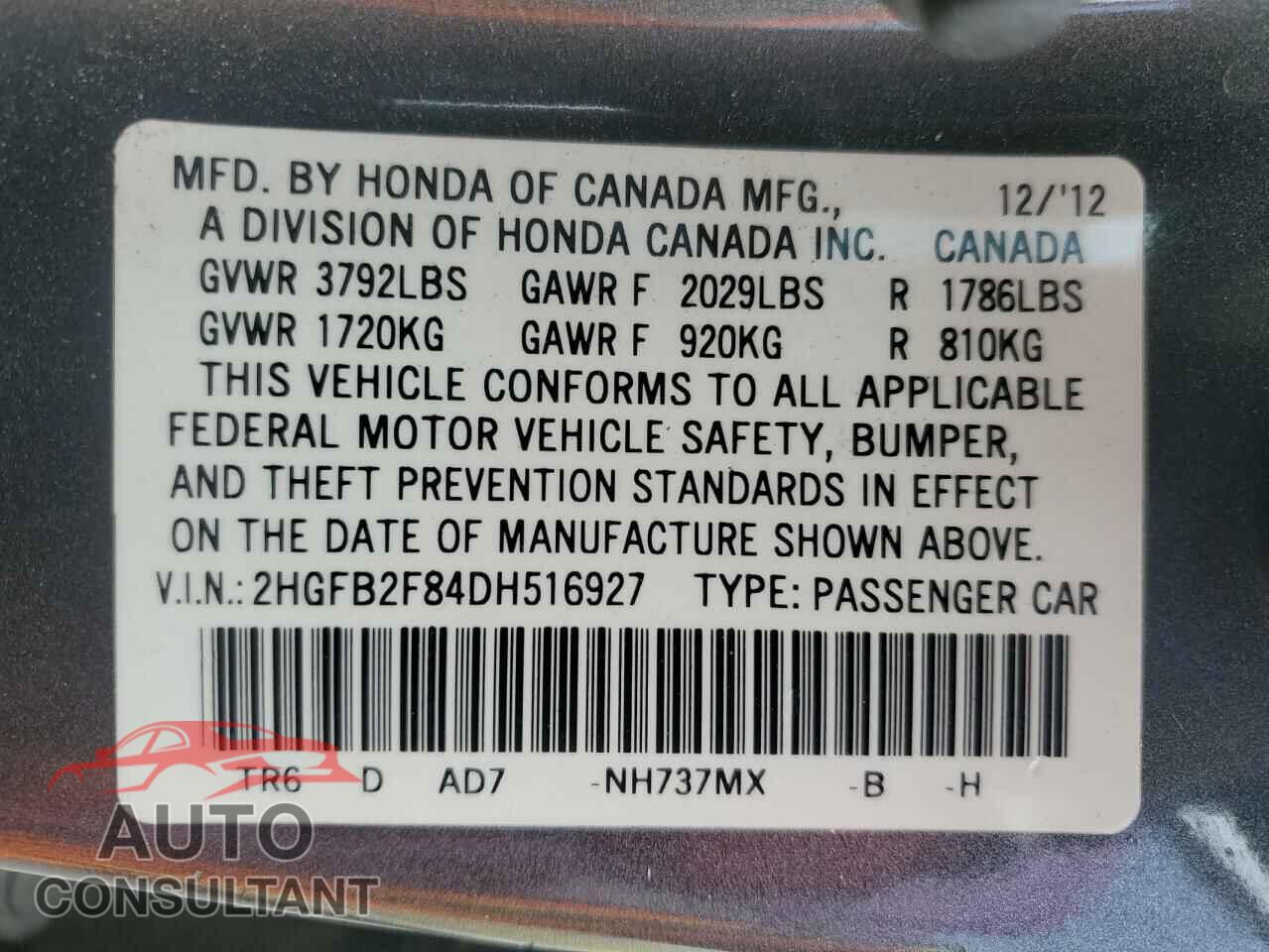 HONDA CIVIC 2013 - 2HGFB2F84DH516927