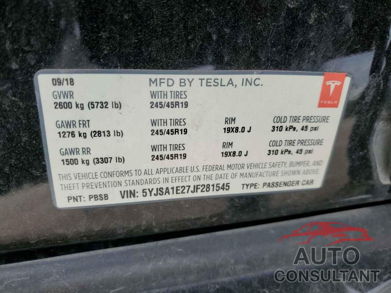 TESLA MODEL S 2018 - 5YJSA1E27JF281545