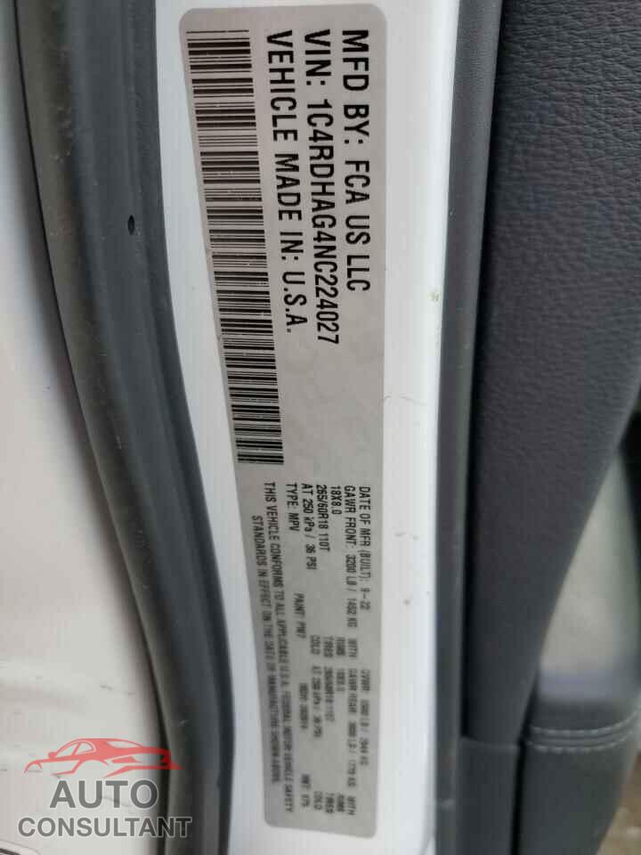 DODGE DURANGO 2022 - 1C4RDHAG4NC224027