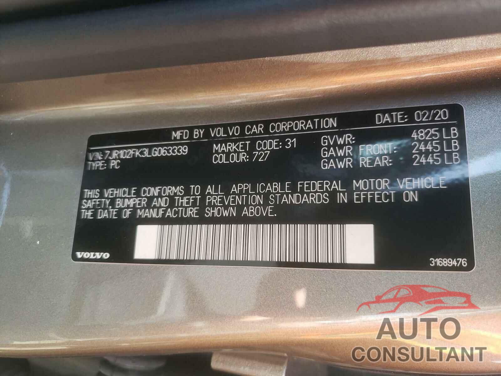 VOLVO S60 2020 - 7JR102FK3LG063339