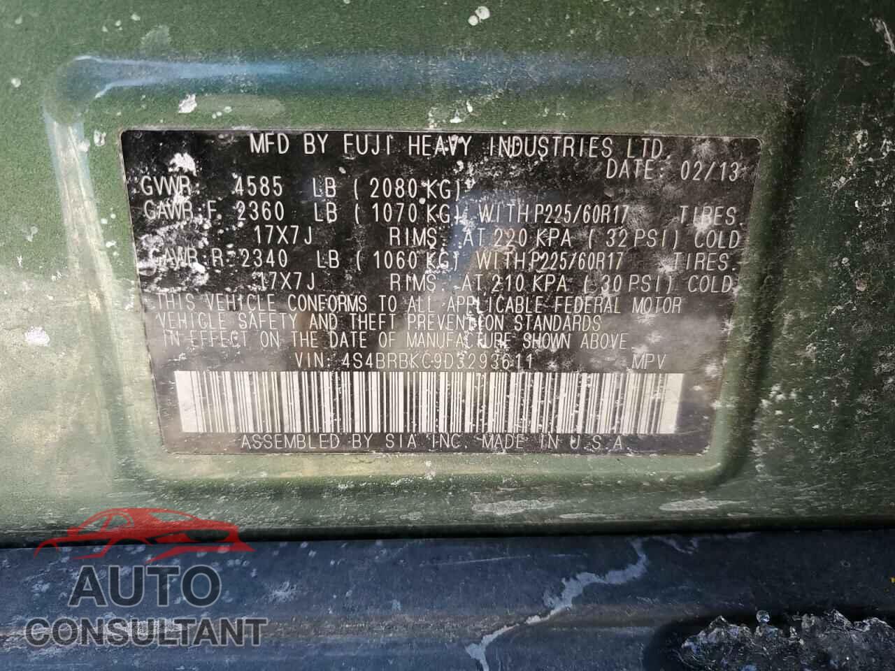 SUBARU OUTBACK 2013 - 4S4BRBKC9D3293611