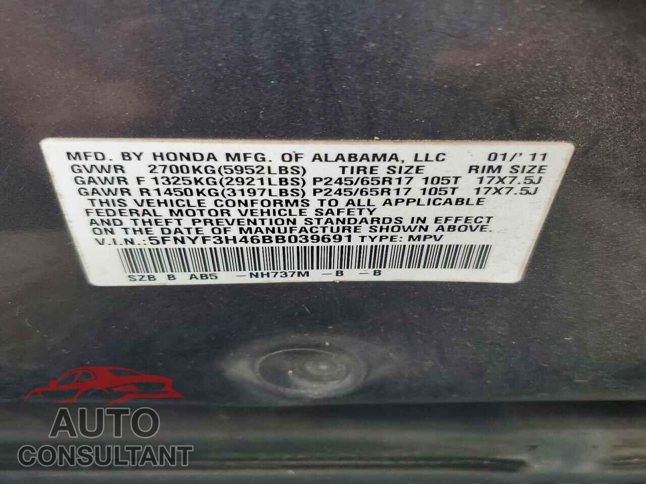 HONDA PILOT 2011 - 5FNYF3H46BB039691