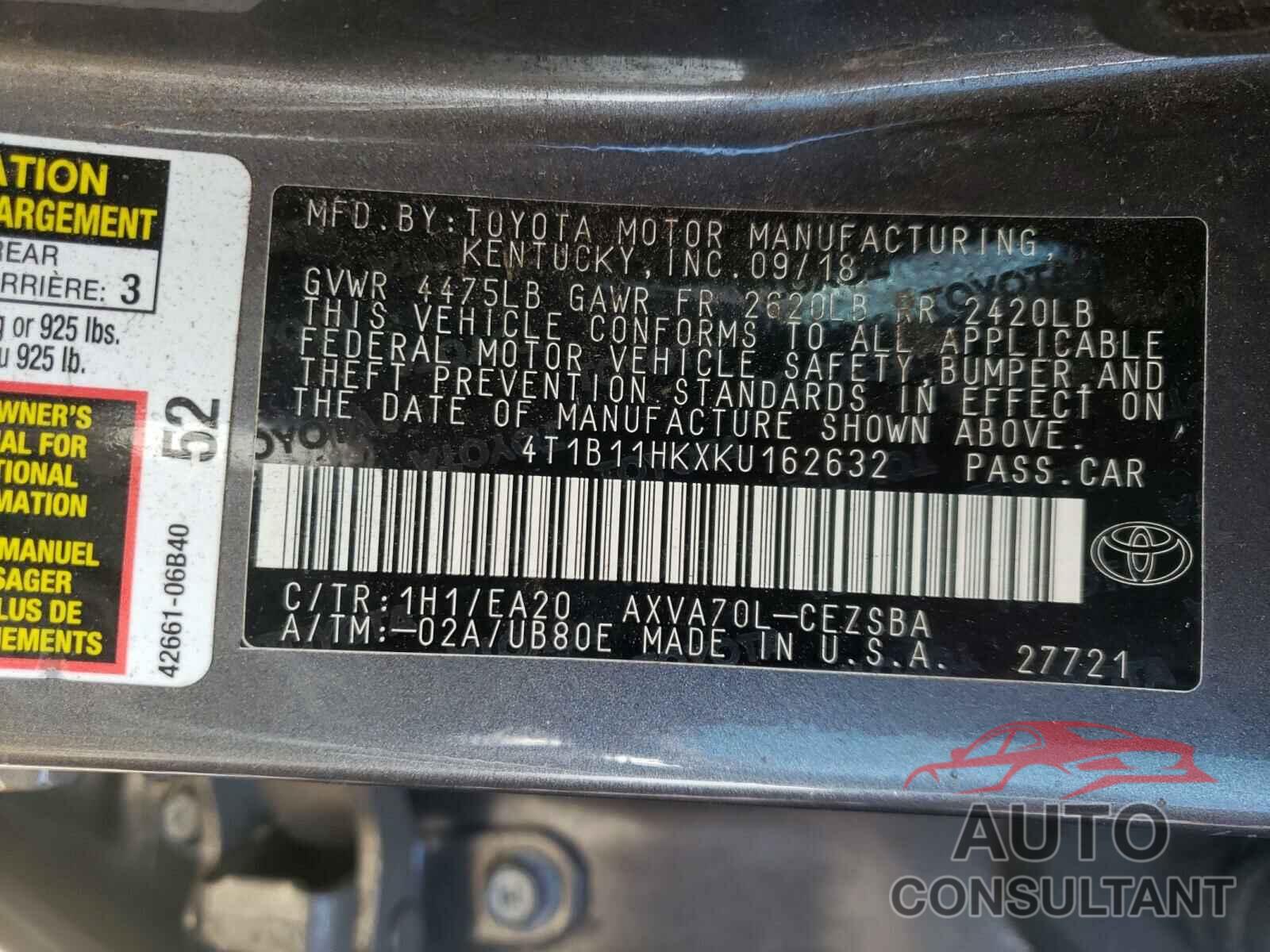 TOYOTA CAMRY 2019 - 4T1B11HKXKU162632