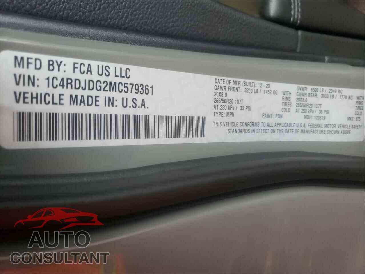 DODGE DURANGO 2021 - 1C4RDJDG2MC579361