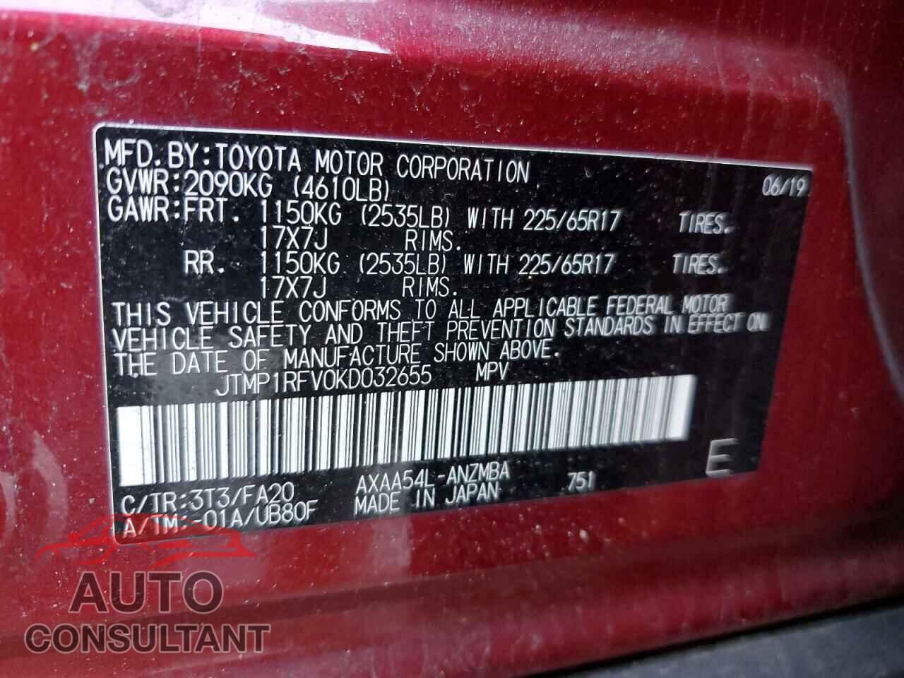 TOYOTA RAV4 2019 - JTMP1RFV0KD032655