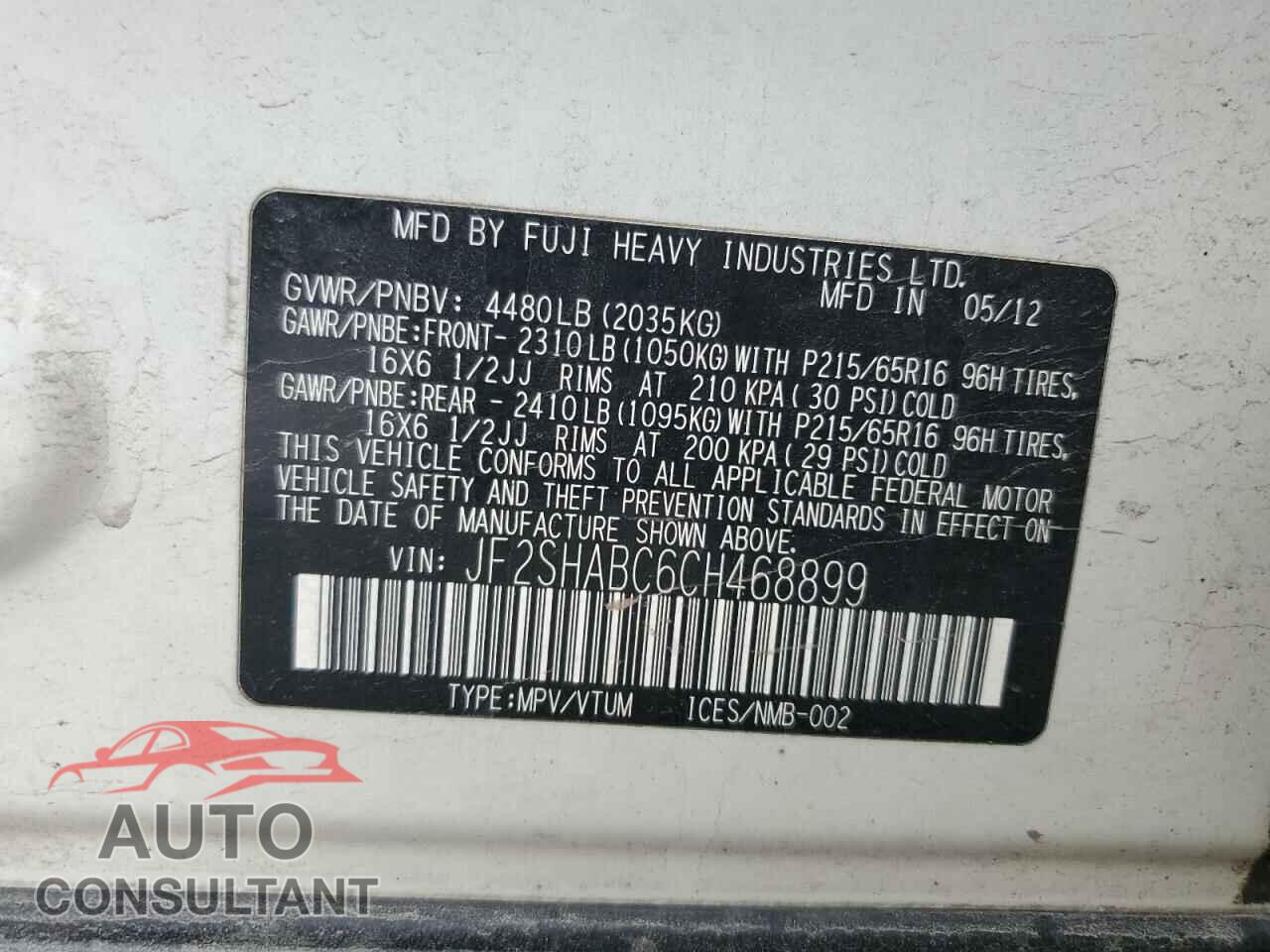 SUBARU FORESTER 2012 - JF2SHABC6CH468899