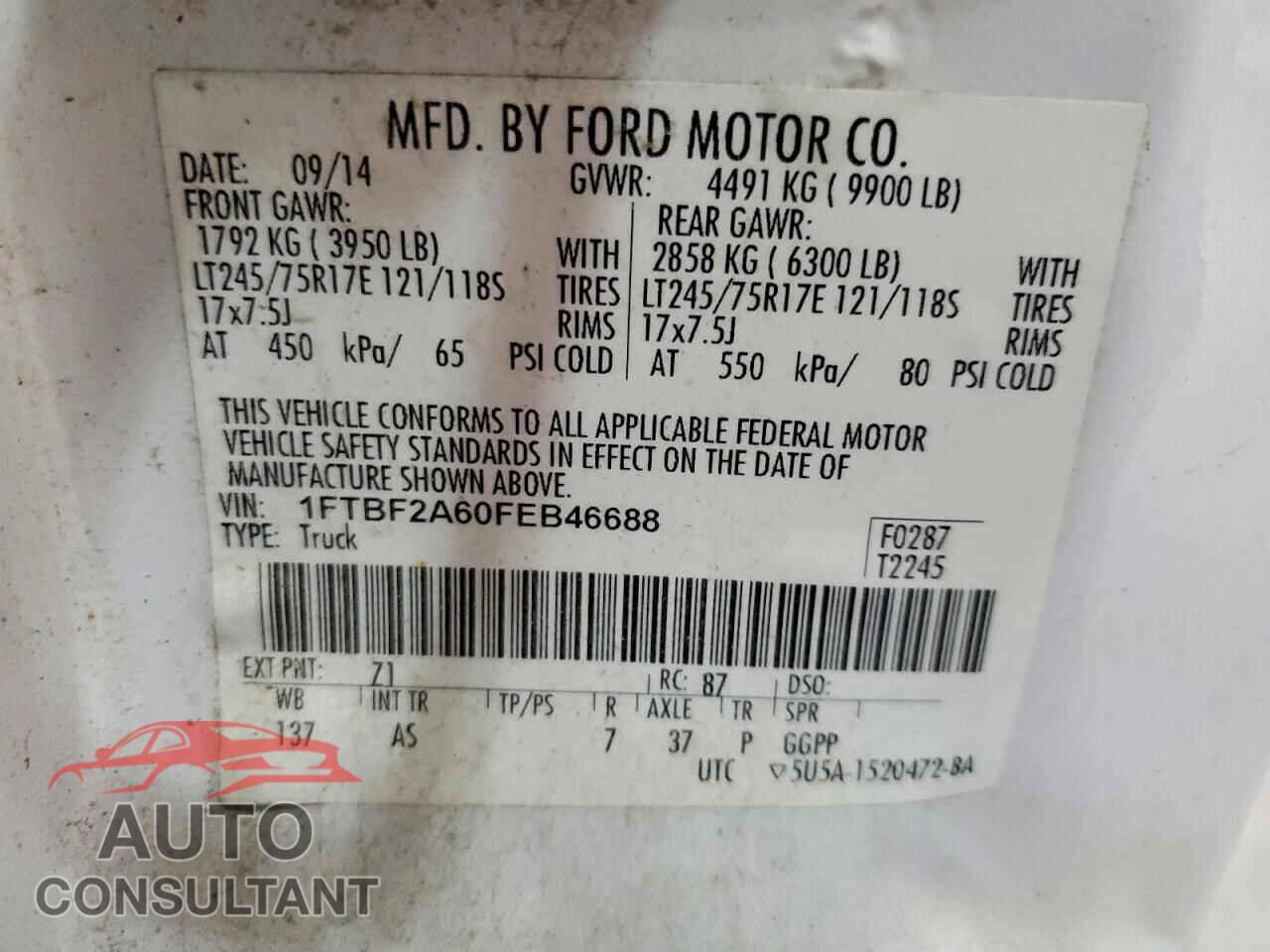 FORD F250 2015 - 1FTBF2A60FEB46688