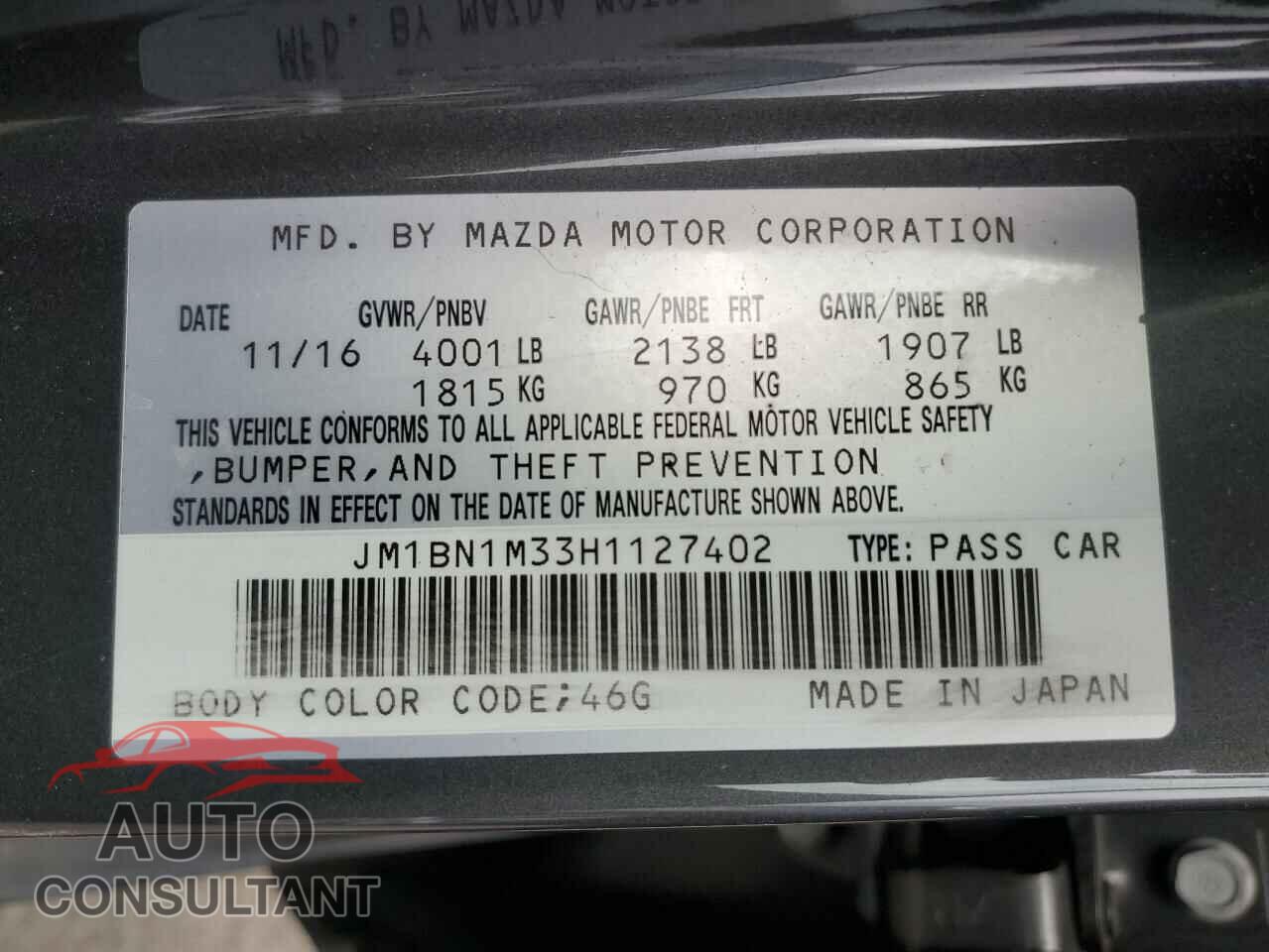 MAZDA 3 2017 - JM1BN1M33H1127402