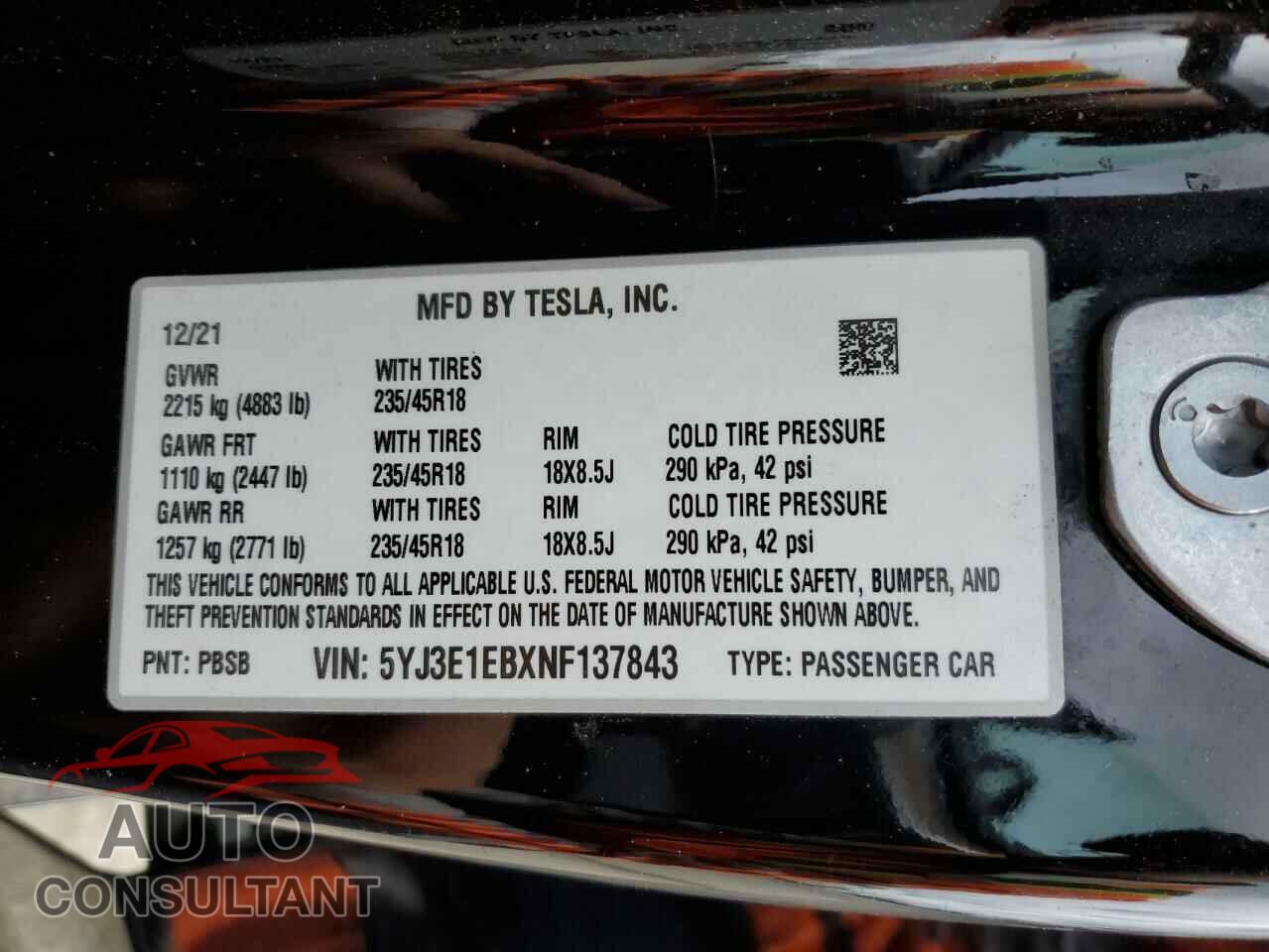 TESLA MODEL 3 2022 - 5YJ3E1EBXNF137843
