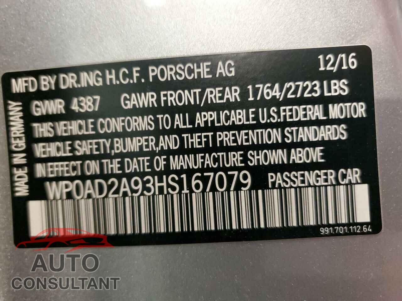 PORSCHE 911 2017 - WP0AD2A93HS167079