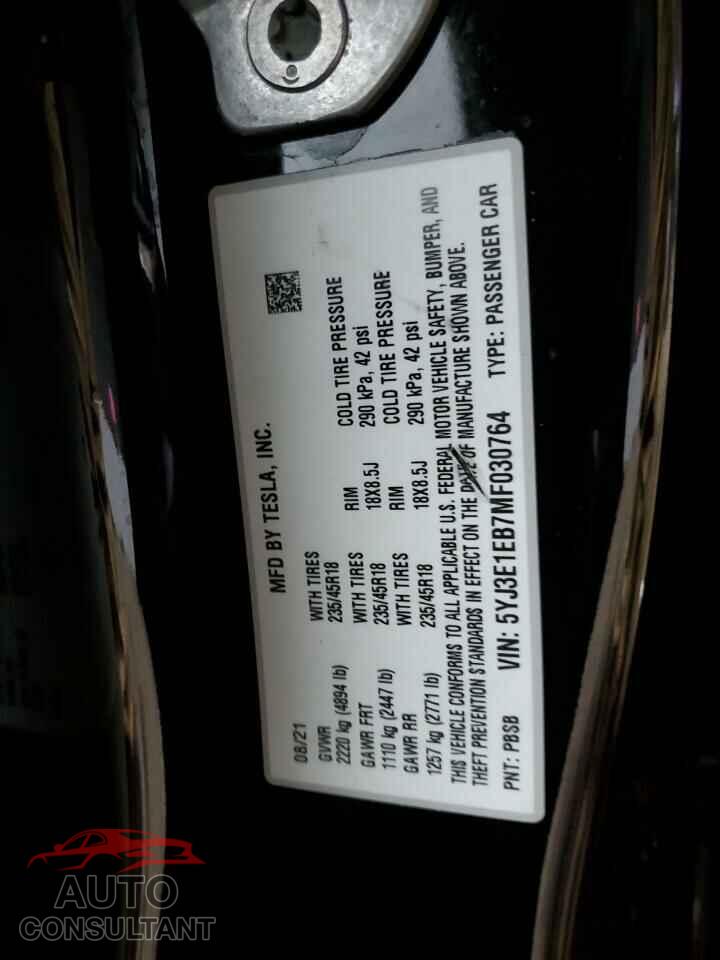 TESLA MODEL 3 2021 - 5YJ3E1EB7MF030764