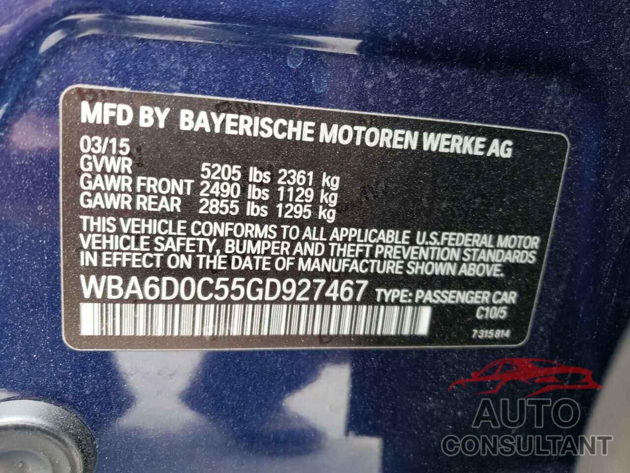 BMW 6 SERIES 2016 - WBA6D0C55GD927467