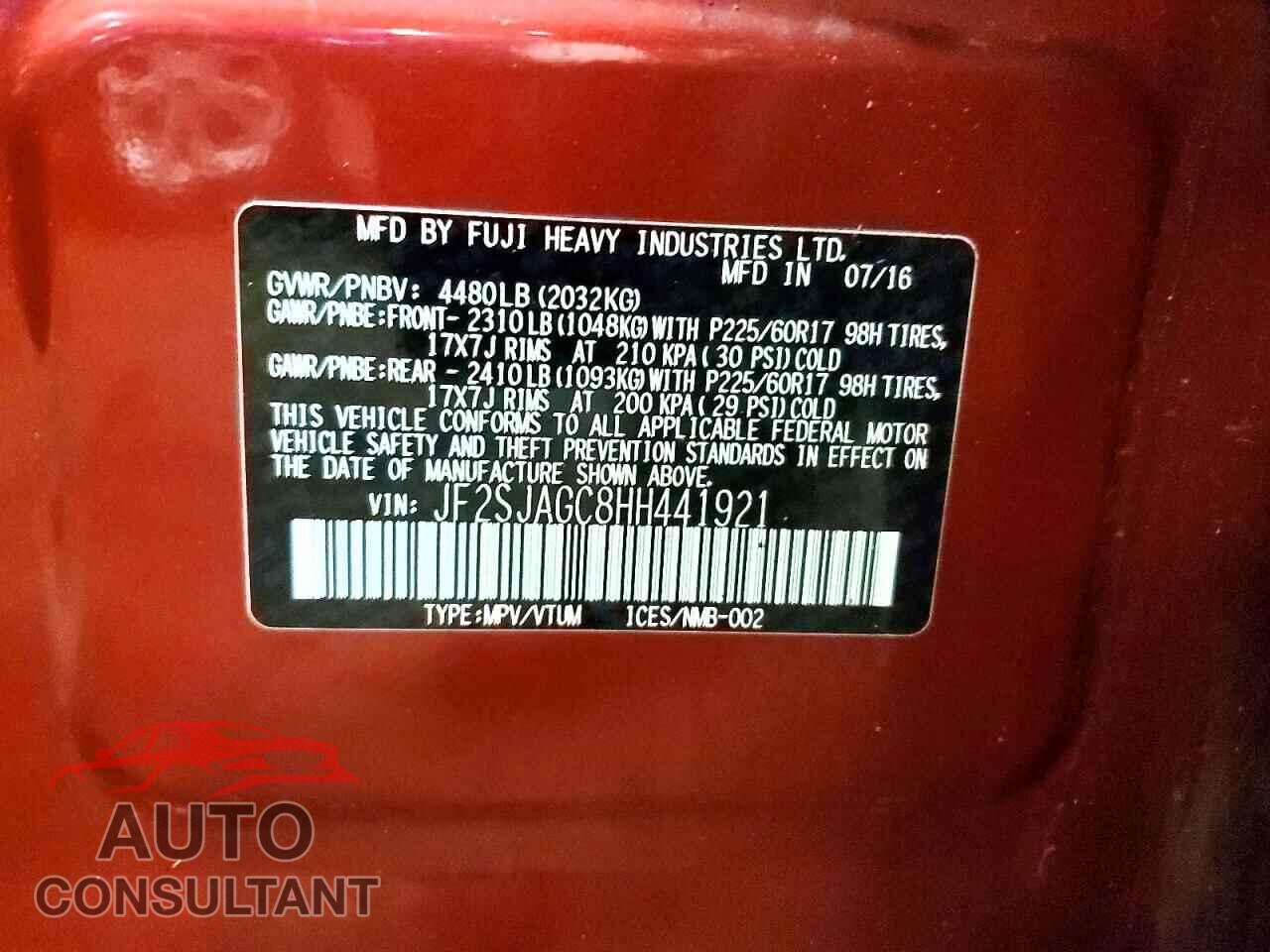 SUBARU FORESTER 2017 - JF2SJAGC8HH441921