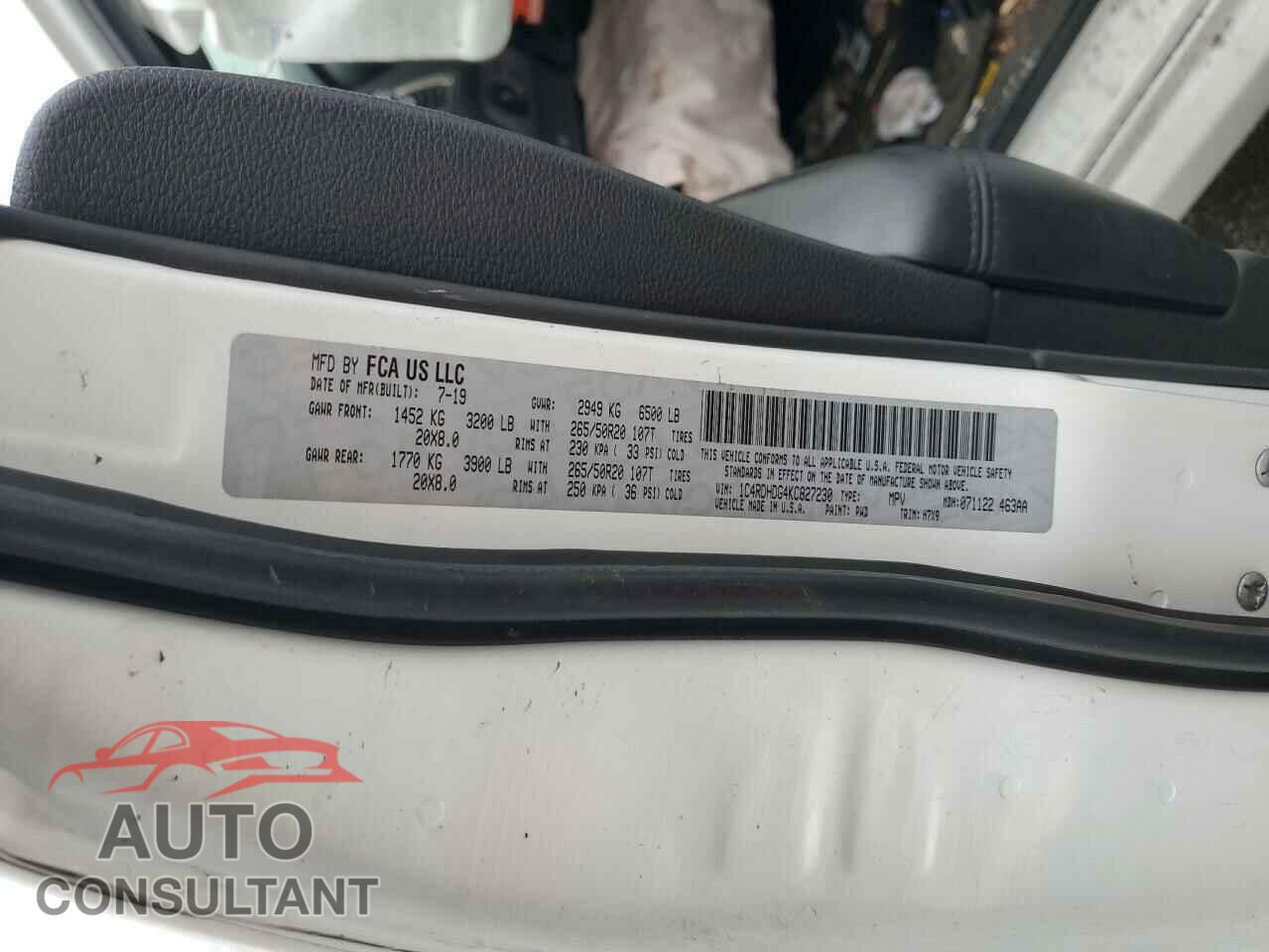DODGE DURANGO 2019 - 1C4RDHDG4KC827230