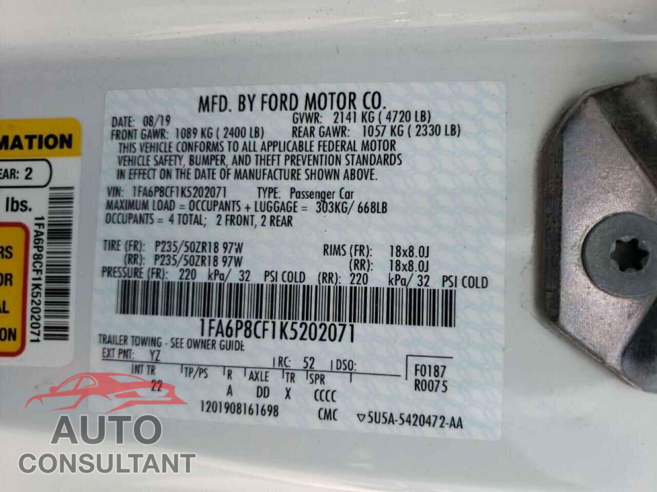 FORD MUSTANG 2019 - 1FA6P8CF1K5202071