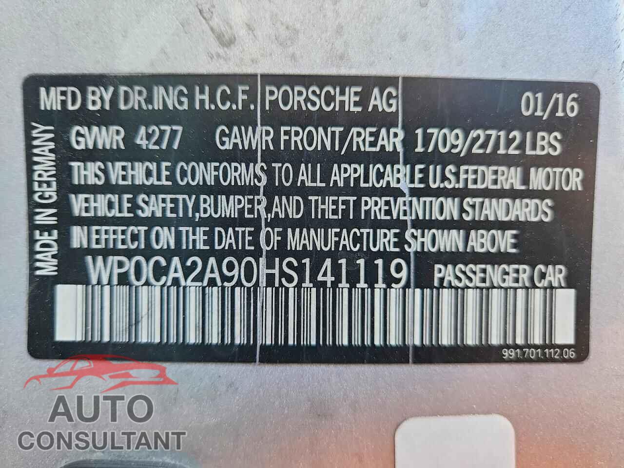 PORSCHE 911 2017 - WP0CA2A90HS141119