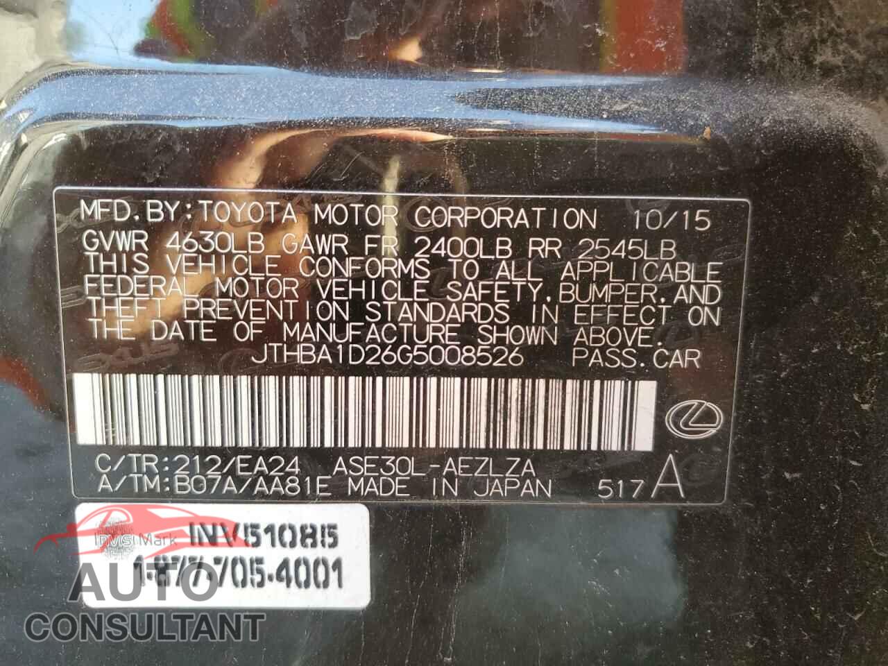 LEXUS IS 2016 - JTHBA1D26G5008526