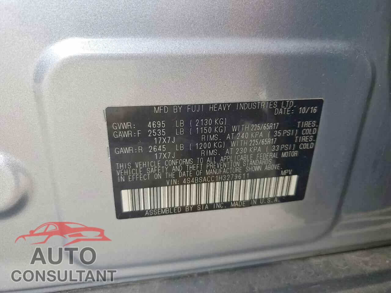 SUBARU OUTBACK 2017 - 4S4BSACC1H3279611