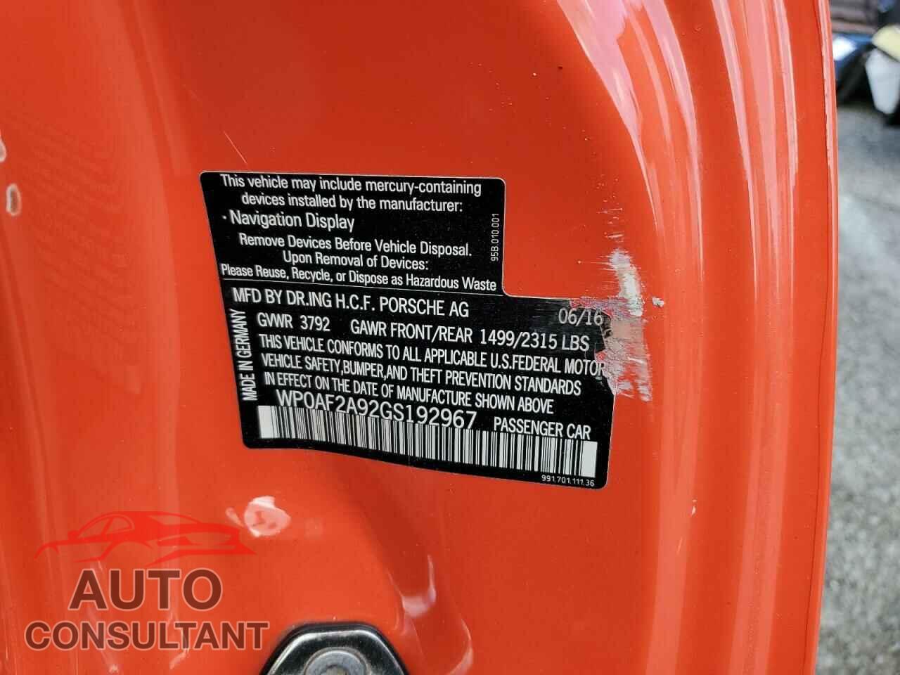 PORSCHE 911 2016 - WP0AF2A92GS192967