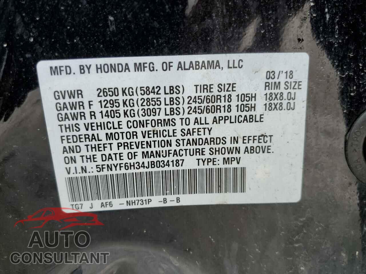 HONDA PILOT 2018 - 5FNYF6H34JB034187