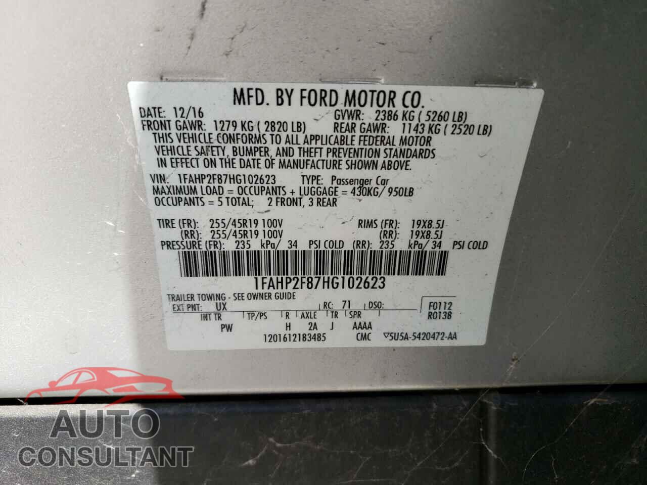 FORD TAURUS 2017 - 1FAHP2F87HG102623