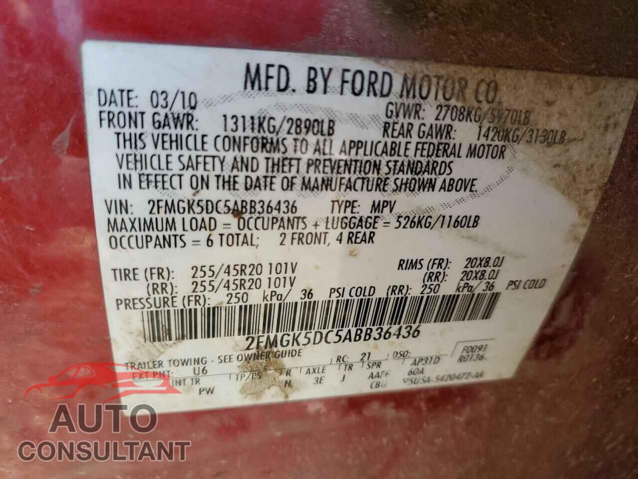 FORD FLEX 2010 - 2FMGK5DC5ABB36436