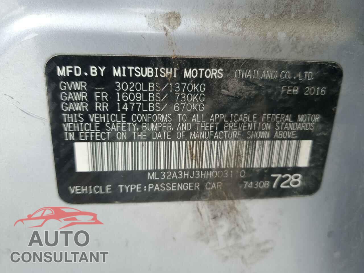 MITSUBISHI MIRAGE 2017 - ML32A3HJ3HH003110