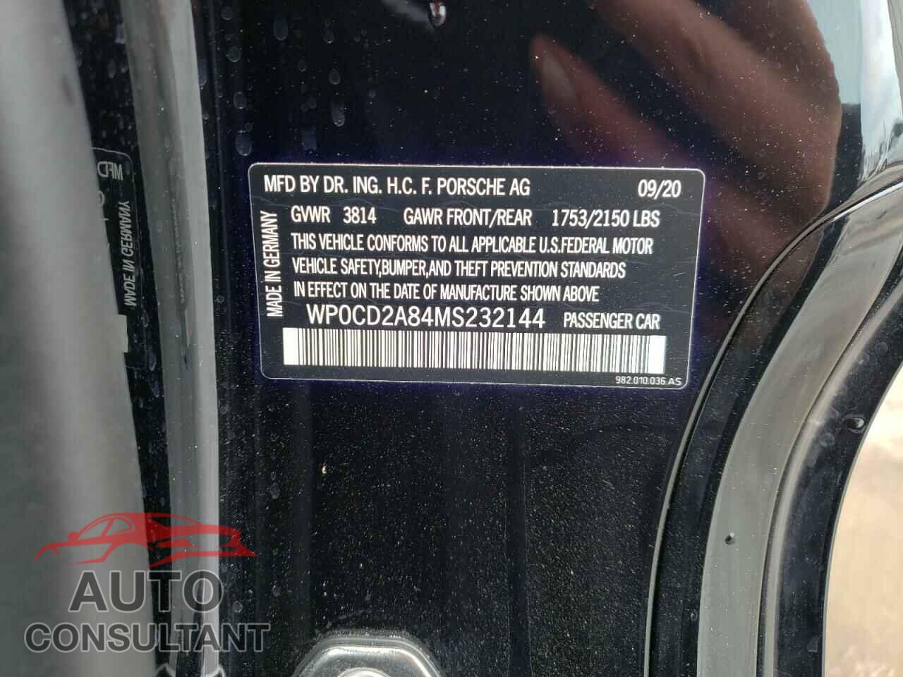 PORSCHE BOXSTER 2021 - WP0CD2A84MS232144