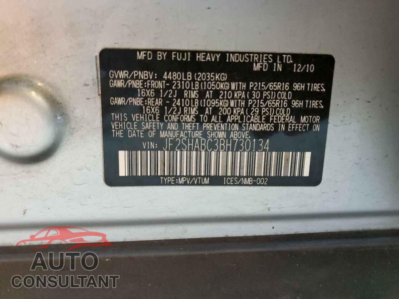 SUBARU FORESTER 2011 - JF2SHABC3BH730134