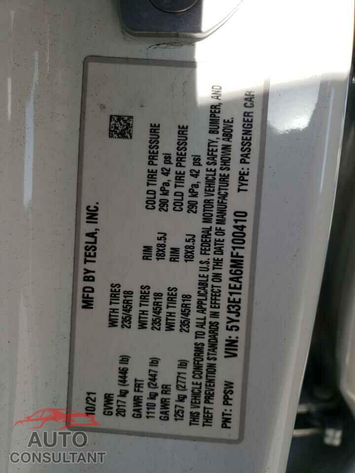 TESLA MODEL 3 2021 - 5YJ3E1EA6MF100410