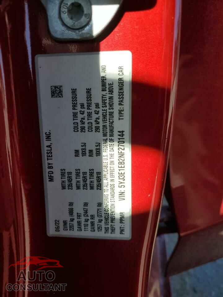 TESLA MODEL 3 2022 - 5YJ3E1EB2NF270144