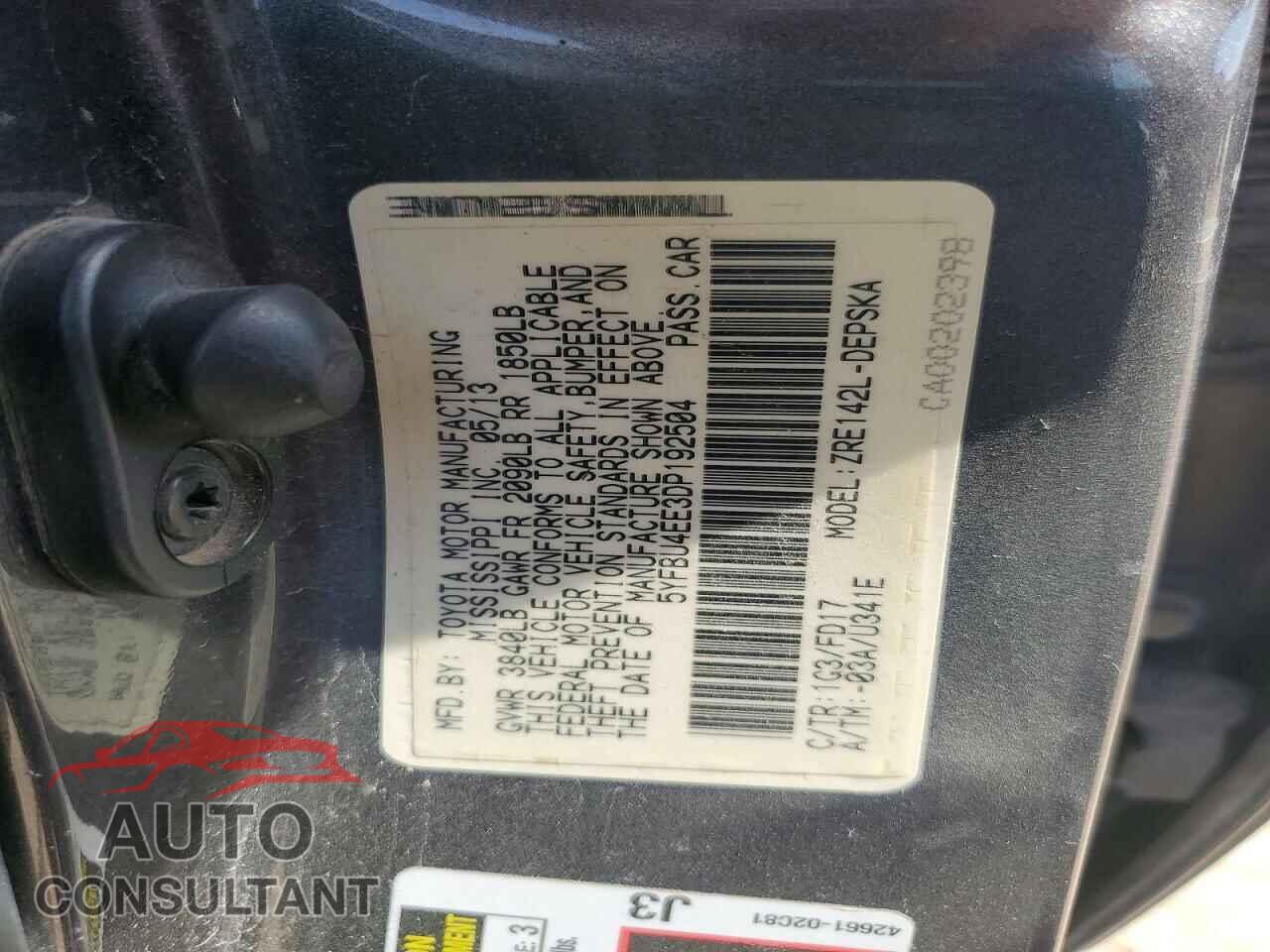 TOYOTA COROLLA 2013 - 5YFBU4EE3DP192504