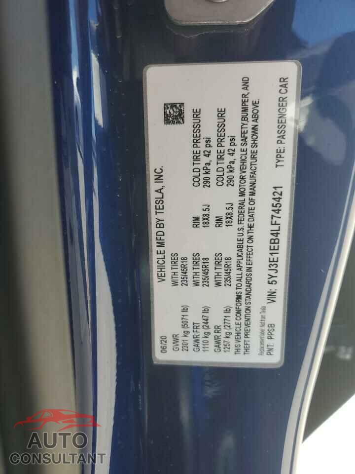 TESLA MODEL 3 2020 - 5YJ3E1EB4LF745421