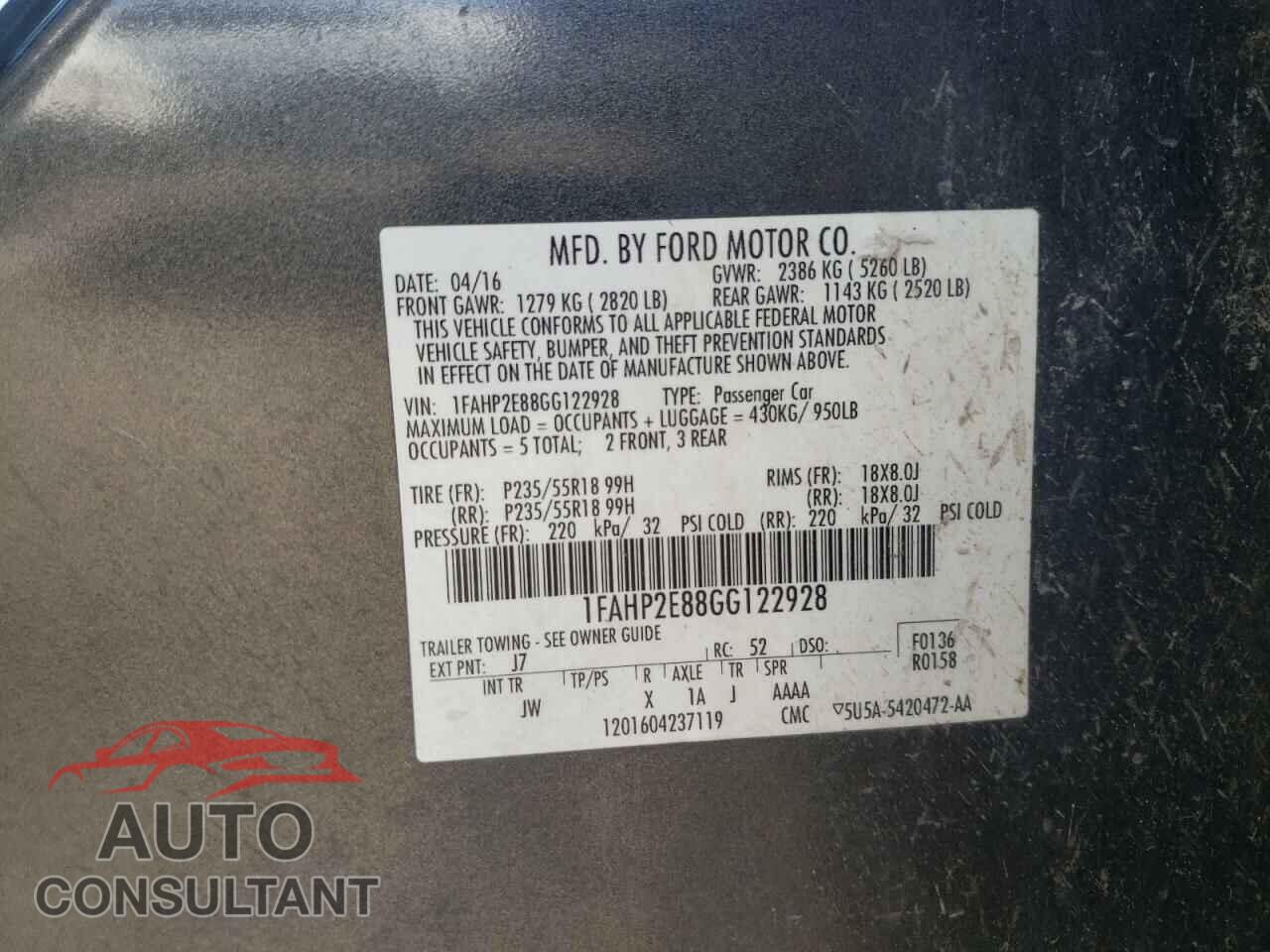 FORD TAURUS 2016 - 1FAHP2E88GG122928