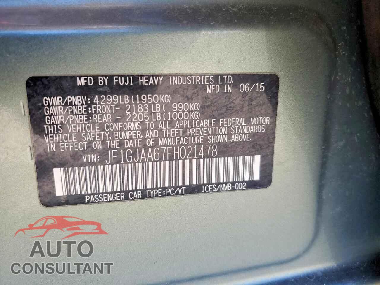 SUBARU IMPREZA 2015 - JF1GJAA67FH021478
