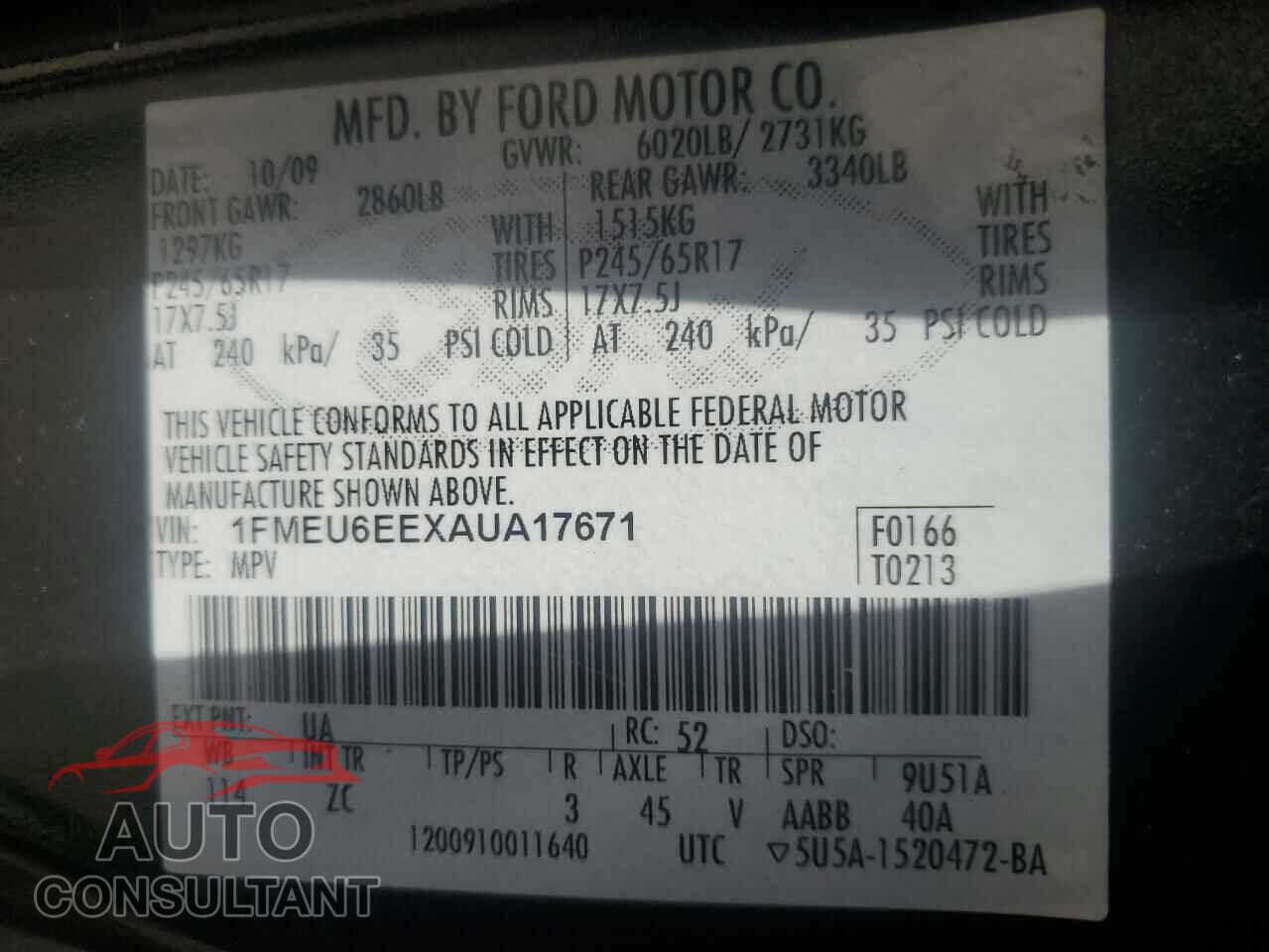 FORD EXPLORER 2010 - 1FMEU6EEXAUA17671