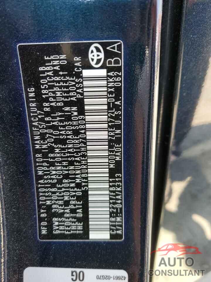 TOYOTA COROLLA 2017 - 5YFBURHE3HP704809