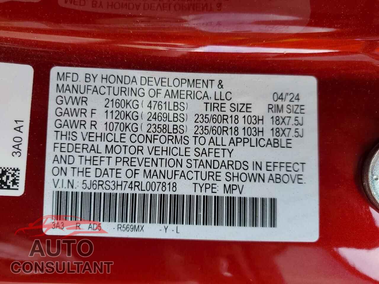 HONDA CRV 2024 - 5J6RS3H74RL007818