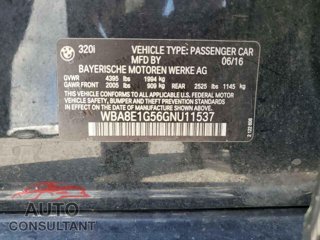 BMW 3 SERIES 2016 - WBA8E1G56GNU11537