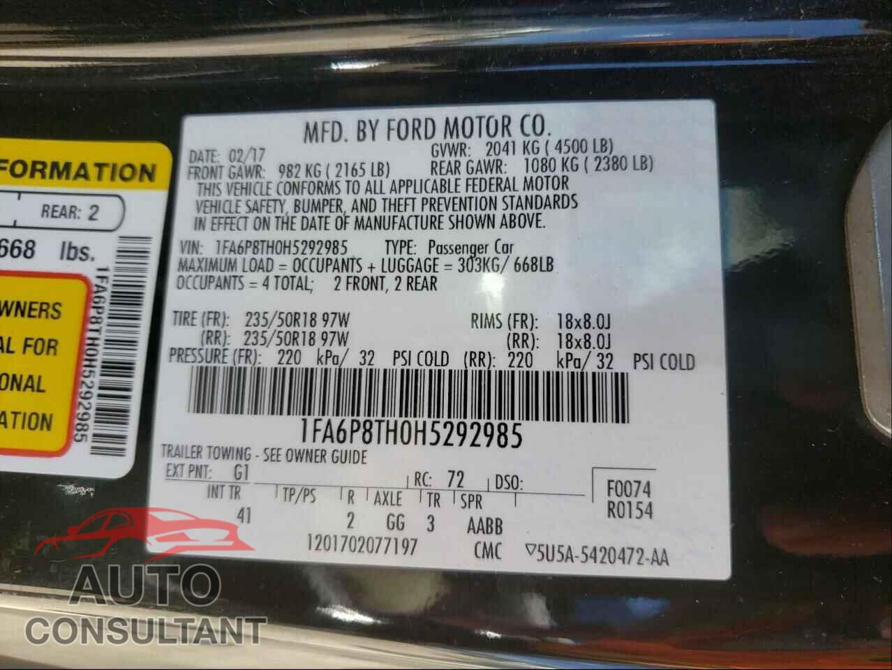 FORD MUSTANG 2017 - 1FA6P8TH0H5292985