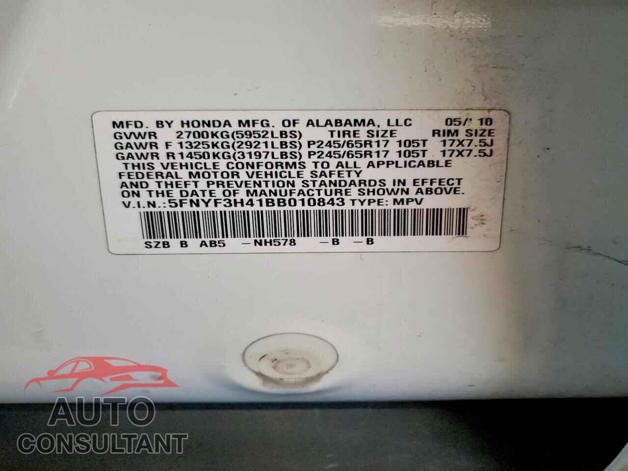 HONDA PILOT 2011 - 5FNYF3H41BB010843