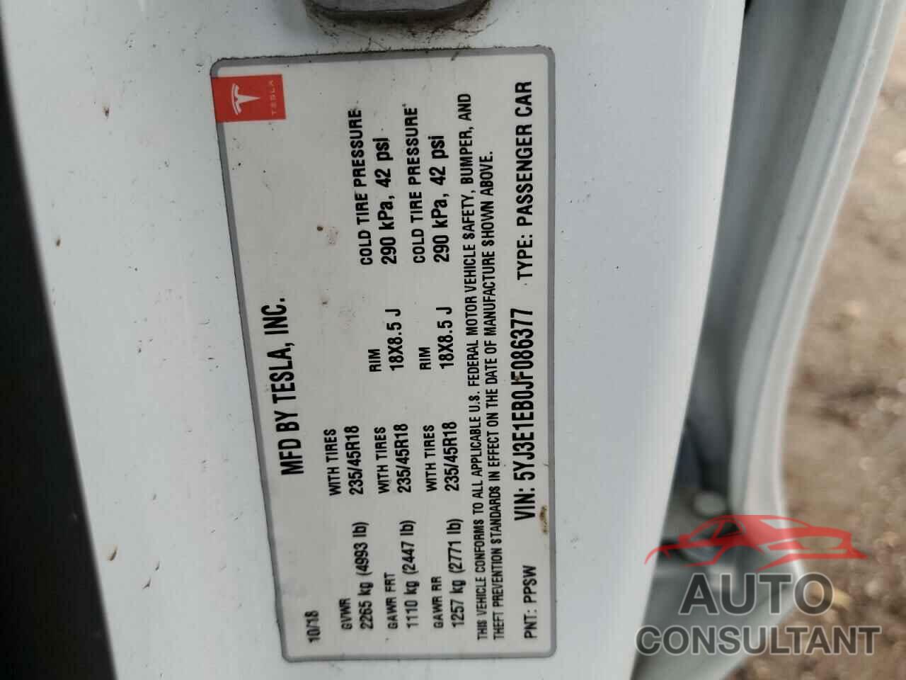 TESLA MODEL 3 2018 - 5YJ3E1EB0JF086377